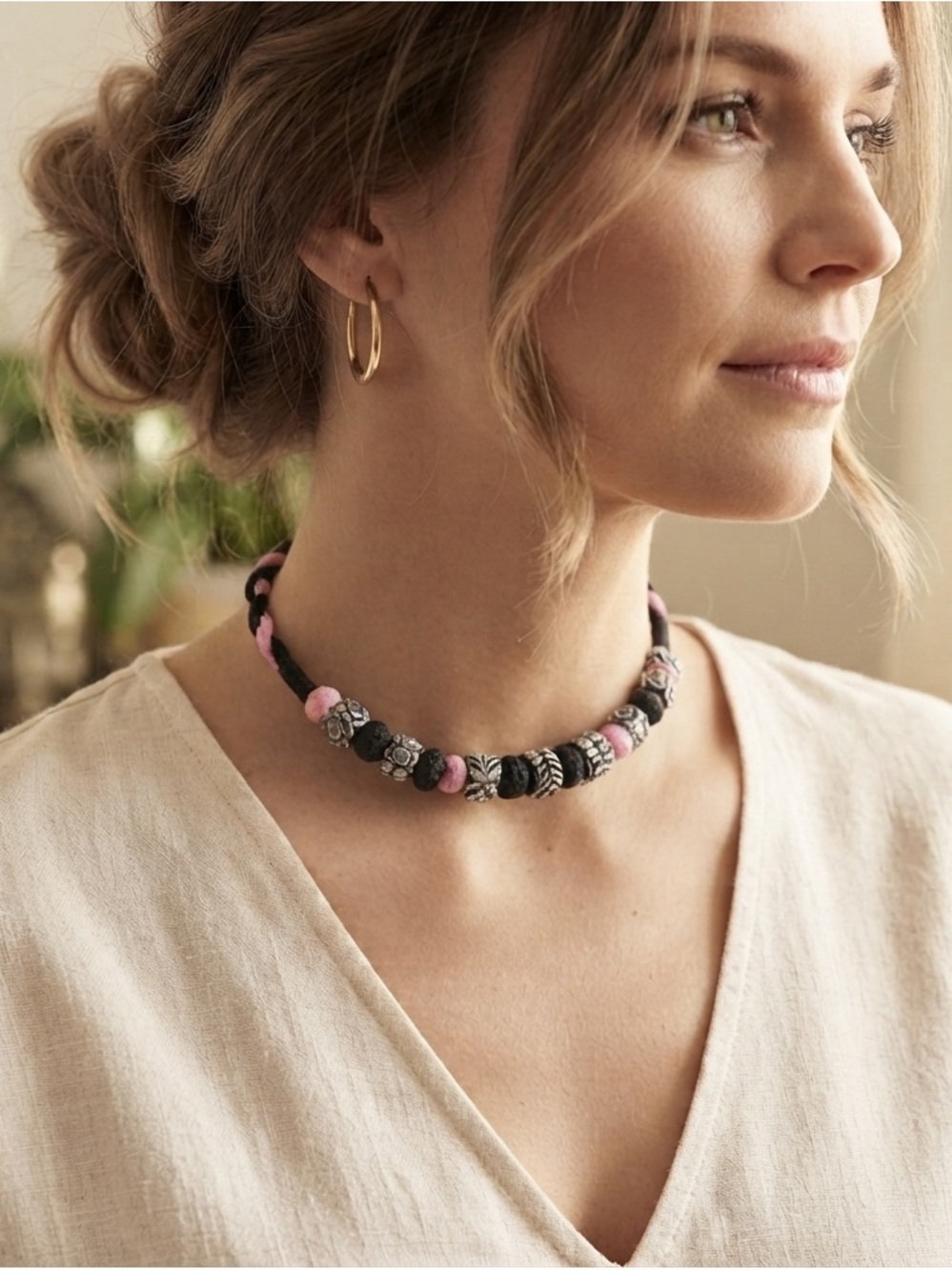 Handmade Pink and Black Beaded Choker Necklace
